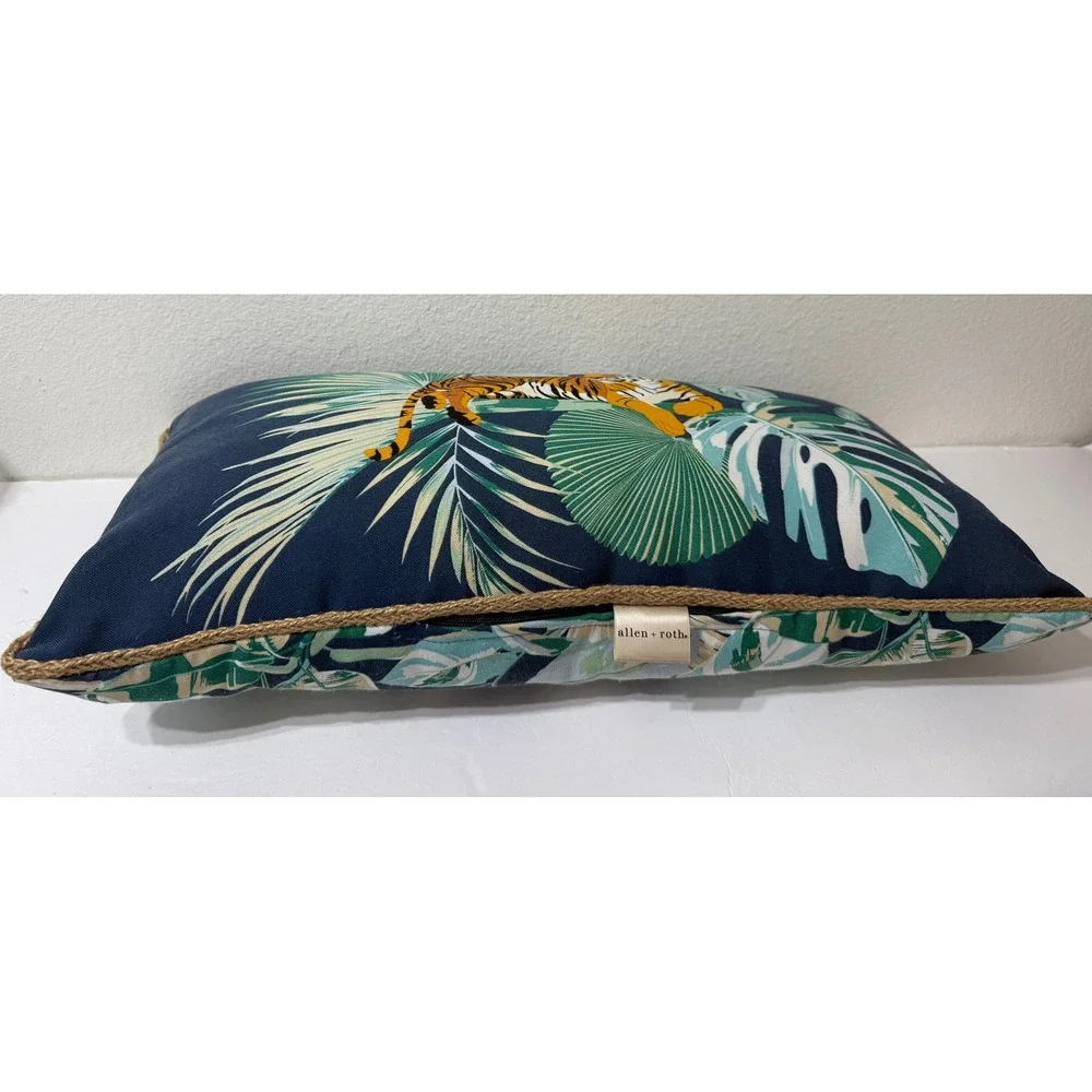 Allen + Roth Bengal Tiger Tropical Palm Lumbar Pillow Navy Blue Jute Trim 20x11
